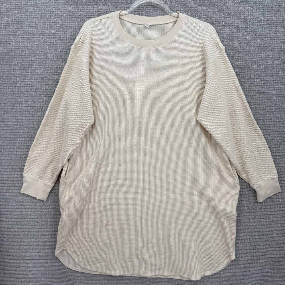 Uniqlo Sweater Dress Womens Large Beige Waffle Knit Long Sleeve Pockets Thermal